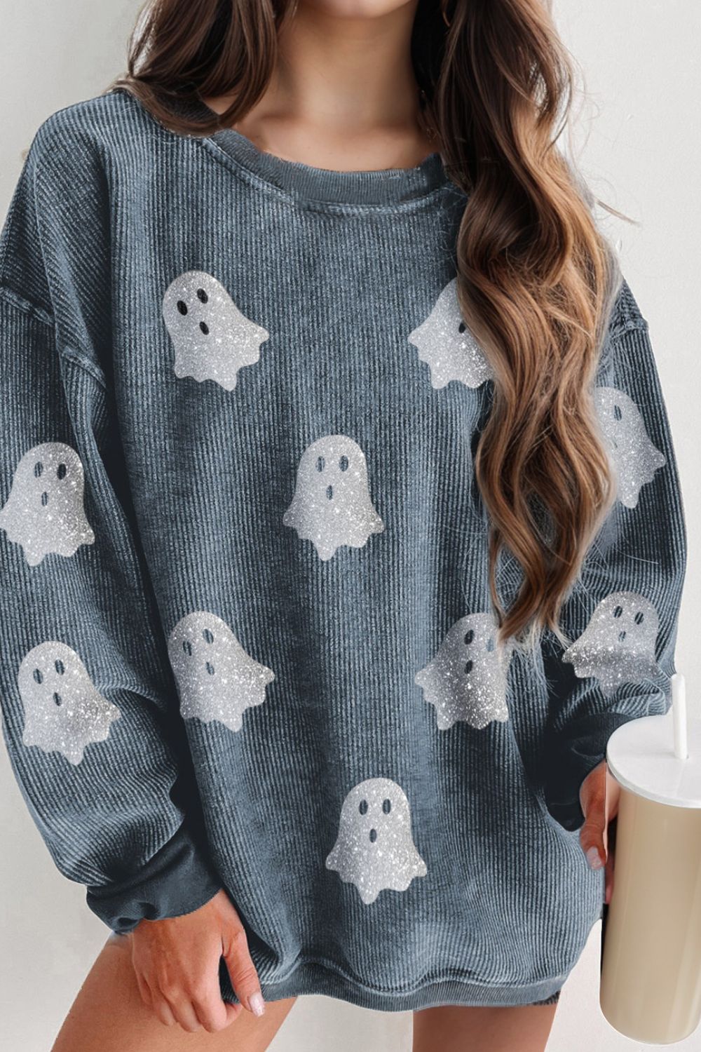 Sequin Ghost Ribbed Sweatshirt