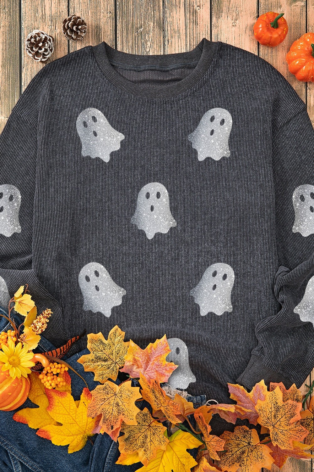 Sequin Ghost Ribbed Sweatshirt