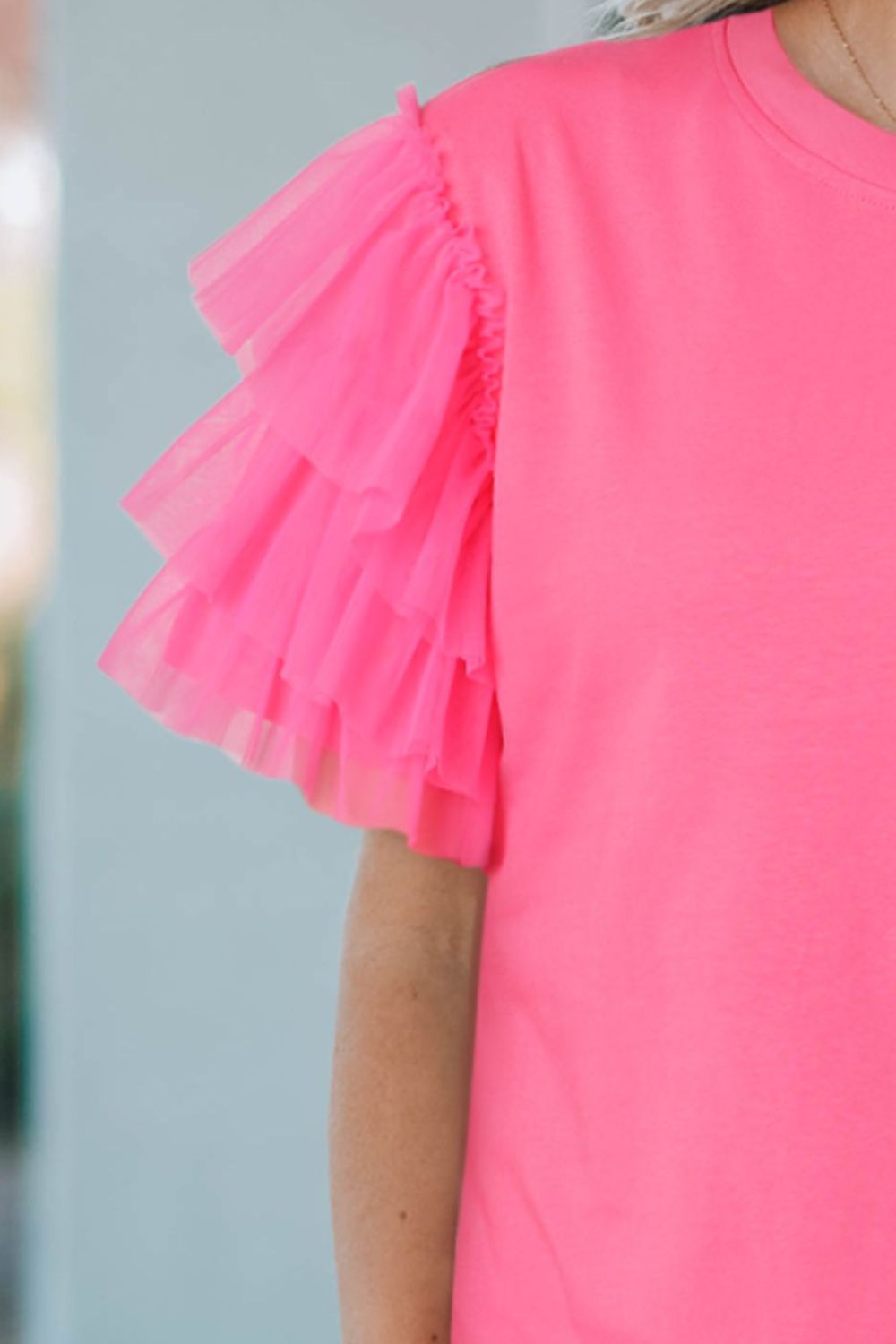 Meshed sleeve hot pink tee