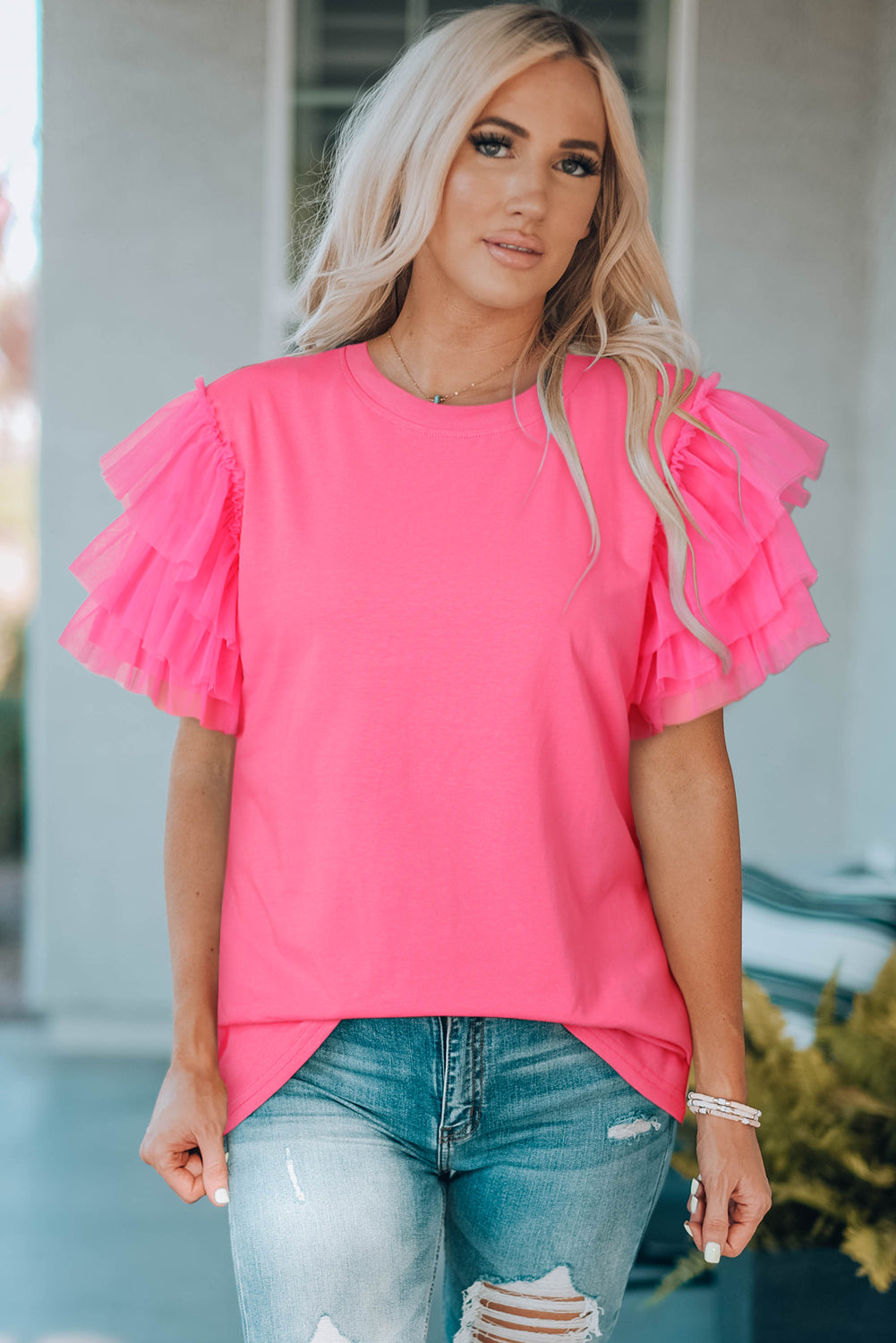 Meshed sleeve hot pink tee